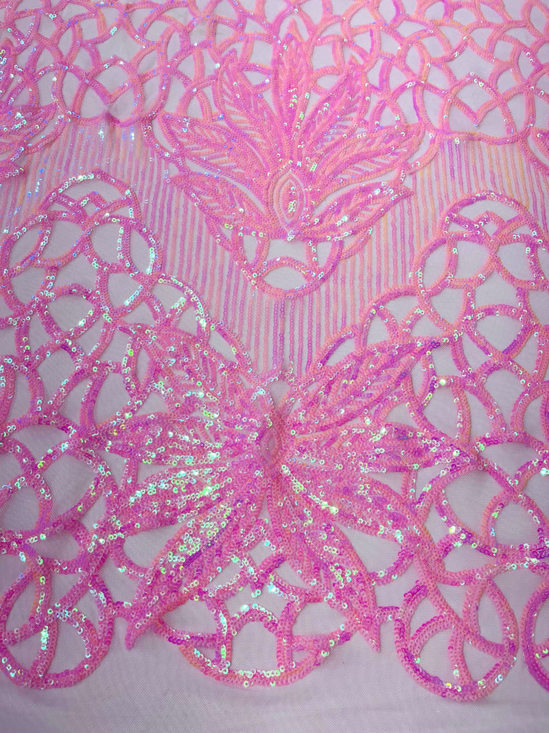 Feather Damask Shiny Sequin Design on a 4 Way Stretch mesh Fabric-Prom Night -Sold by The Yard.