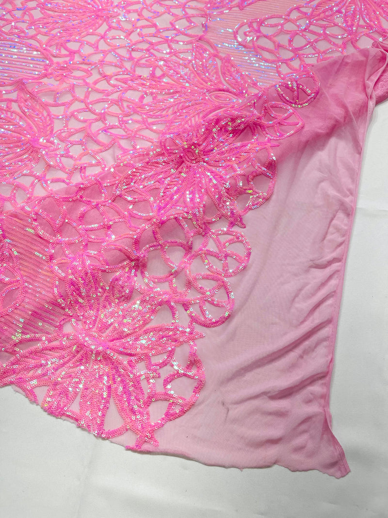 Feather Damask Shiny Sequin Design on a 4 Way Stretch mesh Fabric-Prom Night -Sold by The Yard.