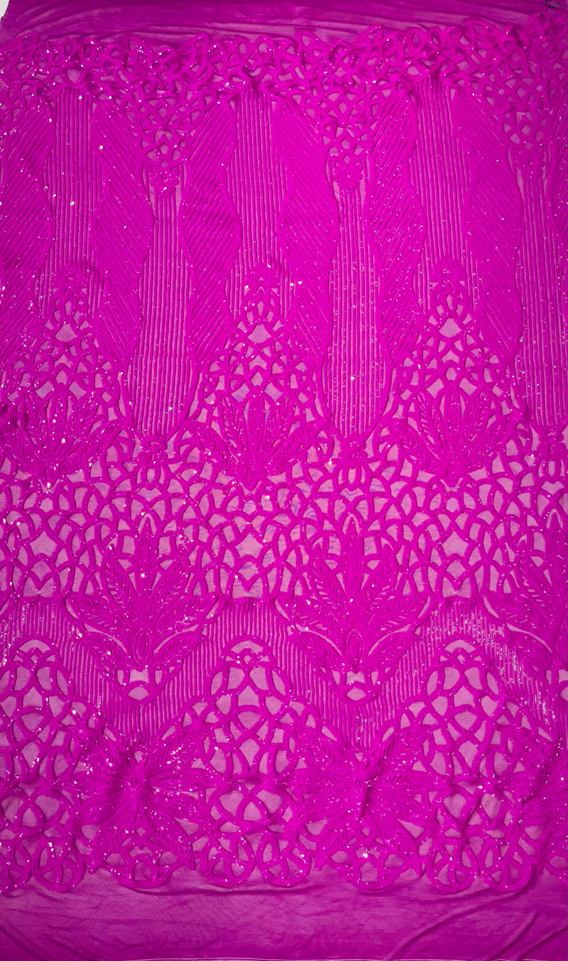 Feather Damask Shiny Sequin Design on a 4 Way Stretch mesh Fabric-Prom Night -Sold by The Yard.