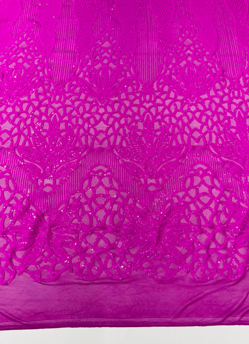 Feather Damask Shiny Sequin Design on a 4 Way Stretch mesh Fabric-Prom Night -Sold by The Yard.