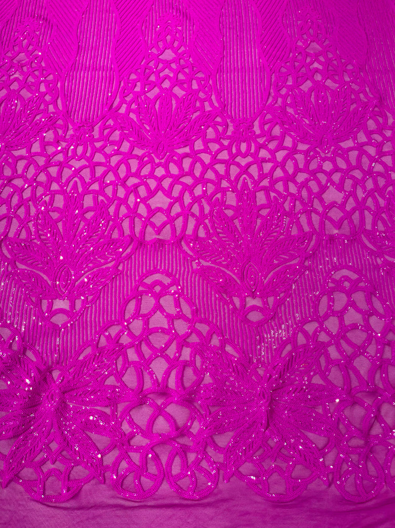 Feather Damask Shiny Sequin Design on a 4 Way Stretch mesh Fabric-Prom Night -Sold by The Yard.