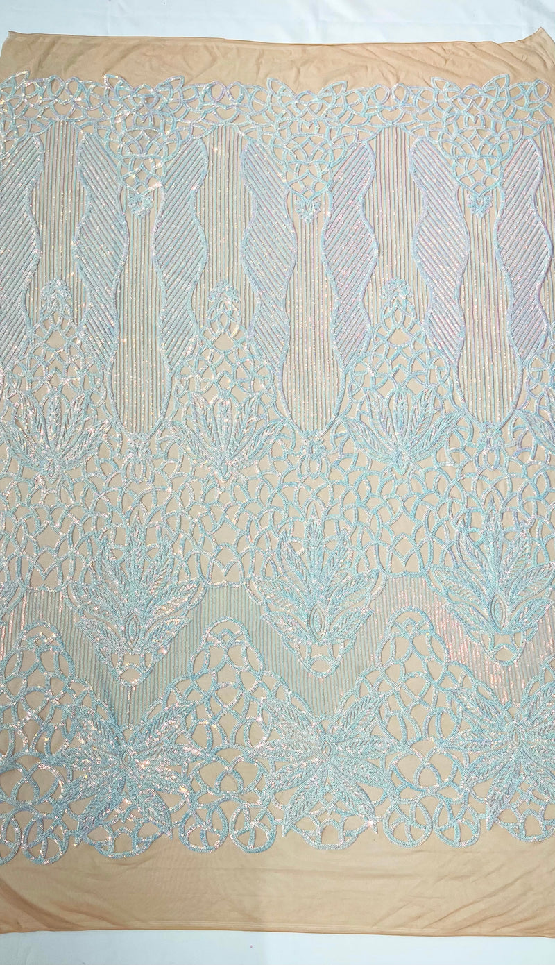 Feather Damask Shiny Sequin Design on a 4 Way Stretch mesh Fabric-Prom Night -Sold by The Yard.