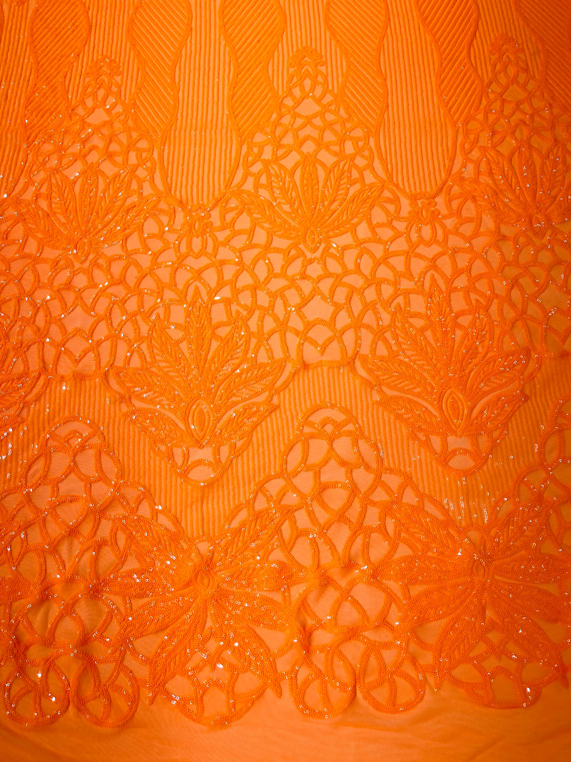 Feather Damask Shiny Sequin Design on a 4 Way Stretch mesh Fabric-Prom Night -Sold by The Yard.