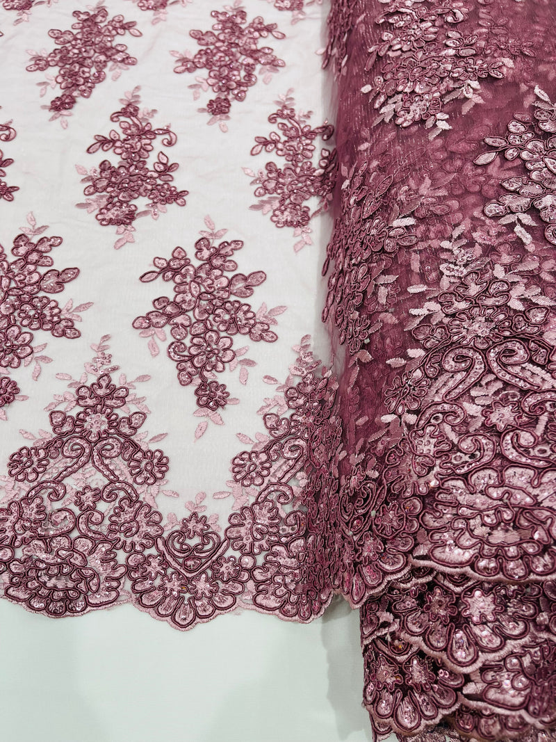 Dusty Rose floral design embroidery on a mesh lace with sequins and cord-sold by the yard.