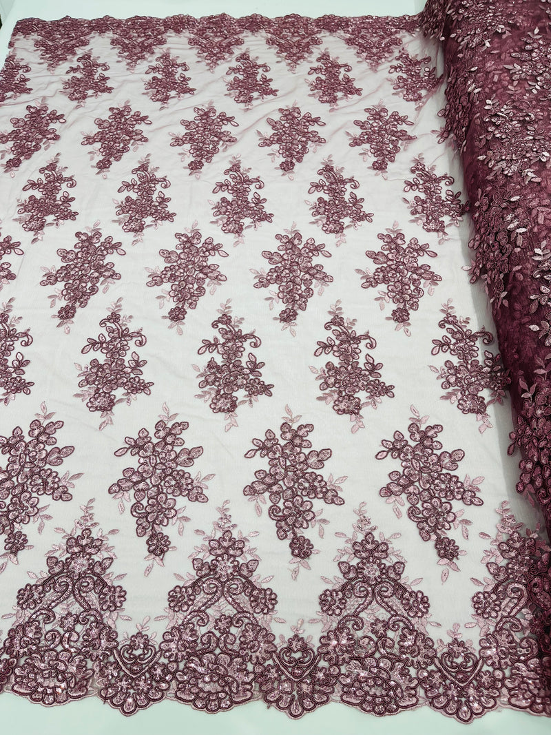 Dusty Rose floral design embroidery on a mesh lace with sequins and cord-sold by the yard.