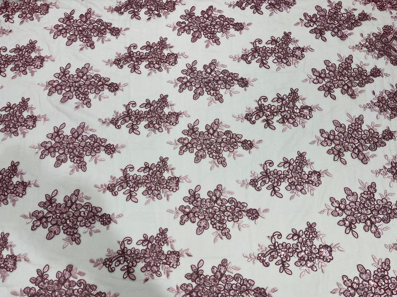 Dusty Rose floral design embroidery on a mesh lace with sequins and cord-sold by the yard.