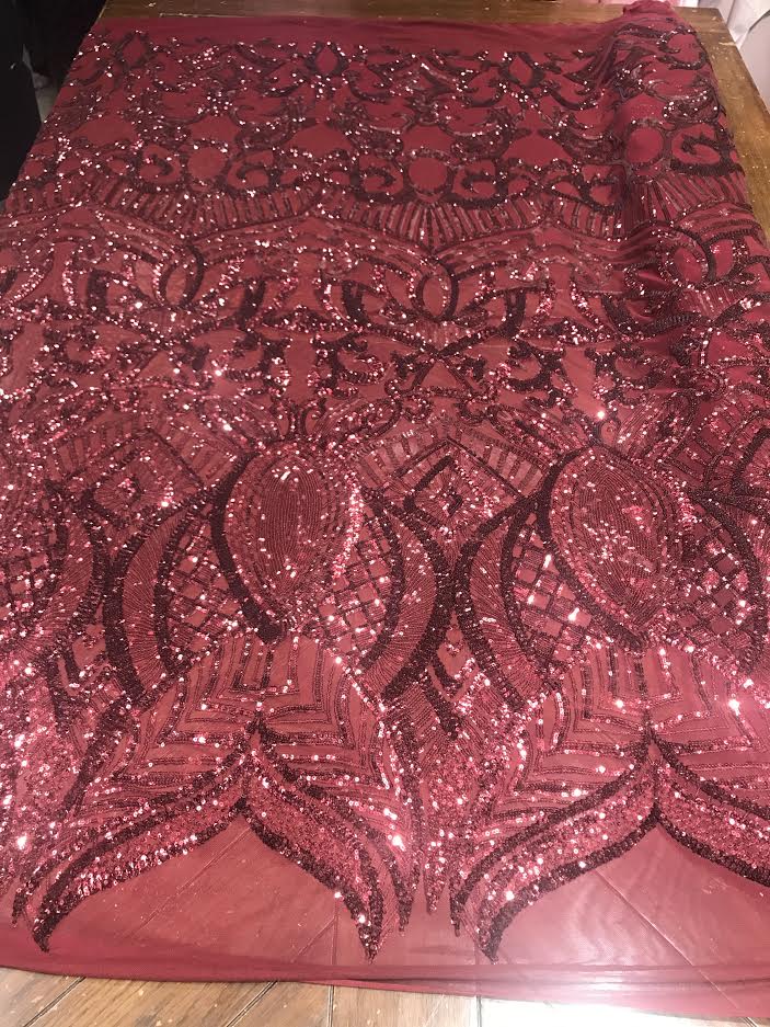 Royalty design embroidery with sequins on a 4 way stretch mesh-dresses-fashion-prom-nightgown-apparel-sold by the yard.