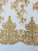 Elegant flower damask flat lace embroidery on a mesh - sold by the yard. - New Creations Fabric & Foam Inc