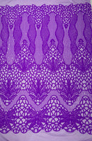 Feather Damask Shiny Sequin Design on a 4 Way Stretch mesh Fabric - Prom Night - Sold by The Yard. - New Creations Fabric & Foam Inc
