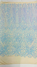 Feather Damask Shiny Sequin Design on a 4 Way Stretch mesh Fabric - Prom Night - Sold by The Yard. - New Creations Fabric & Foam Inc
