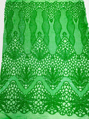 Feather Damask Shiny Sequin Design on a 4 Way Stretch mesh Fabric - Prom Night - Sold by The Yard. - New Creations Fabric & Foam Inc