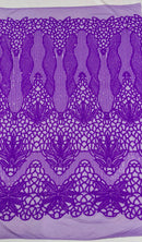 Feather Damask Shiny Sequin Design on a 4 Way Stretch mesh Fabric - Prom Night - Sold by The Yard. - New Creations Fabric & Foam Inc