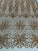 Feather Damask Shiny Sequin Design on a 4 Way Stretch mesh Fabric - Prom Night - Sold by The Yard. - New Creations Fabric & Foam Inc