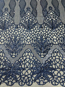 Feather Damask Shiny Sequin Design on a 4 Way Stretch mesh Fabric - Prom Night - Sold by The Yard. - New Creations Fabric & Foam Inc
