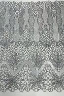 Feather Damask Shiny Sequin Design on a 4 Way Stretch mesh Fabric - Prom Night - Sold by The Yard. - New Creations Fabric & Foam Inc