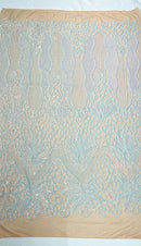 Feather Damask Shiny Sequin Design on a 4 Way Stretch mesh Fabric - Prom Night - Sold by The Yard. - New Creations Fabric & Foam Inc