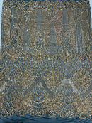 Feather Damask Shiny Sequin Design on a 4 Way Stretch mesh Fabric - Prom Night - Sold by The Yard. - New Creations Fabric & Foam Inc