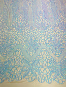 Feather Damask Shiny Sequin Design on a 4 Way Stretch mesh Fabric - Prom Night - Sold by The Yard. - New Creations Fabric & Foam Inc