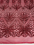 Feather Damask Shiny Sequin Design on a 4 Way Stretch mesh Fabric - Prom Night - Sold by The Yard. - New Creations Fabric & Foam Inc