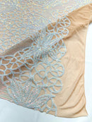 Feather Damask Shiny Sequin Design on a 4 Way Stretch mesh Fabric - Prom Night - Sold by The Yard. - New Creations Fabric & Foam Inc