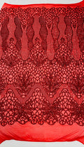Feather Damask Shiny Sequin Design on a 4 Way Stretch mesh Fabric - Prom Night - Sold by The Yard. - New Creations Fabric & Foam Inc