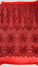 Feather Damask Shiny Sequin Design on a 4 Way Stretch mesh Fabric - Prom Night - Sold by The Yard. - New Creations Fabric & Foam Inc