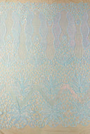 Feather Damask Shiny Sequin Design on a 4 Way Stretch mesh Fabric - Prom Night - Sold by The Yard. - New Creations Fabric & Foam Inc