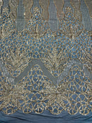 Feather Damask Shiny Sequin Design on a 4 Way Stretch mesh Fabric - Prom Night - Sold by The Yard. - New Creations Fabric & Foam Inc