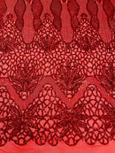 Feather Damask Shiny Sequin Design on a 4 Way Stretch mesh Fabric - Prom Night - Sold by The Yard. - New Creations Fabric & Foam Inc