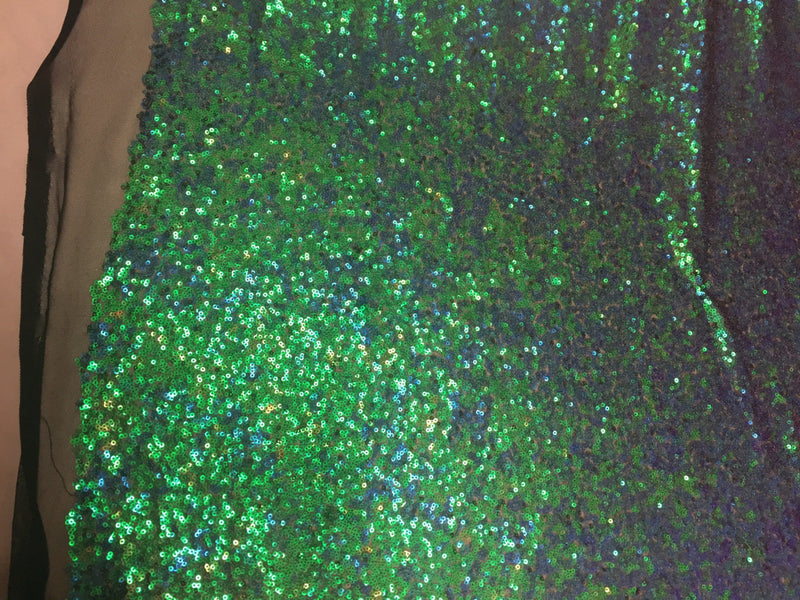 Green/purple iridescent mermaid fish scales-mini sequins embroider on a black mesh fabric-fashion-decorations-dresses-sold by the yard-