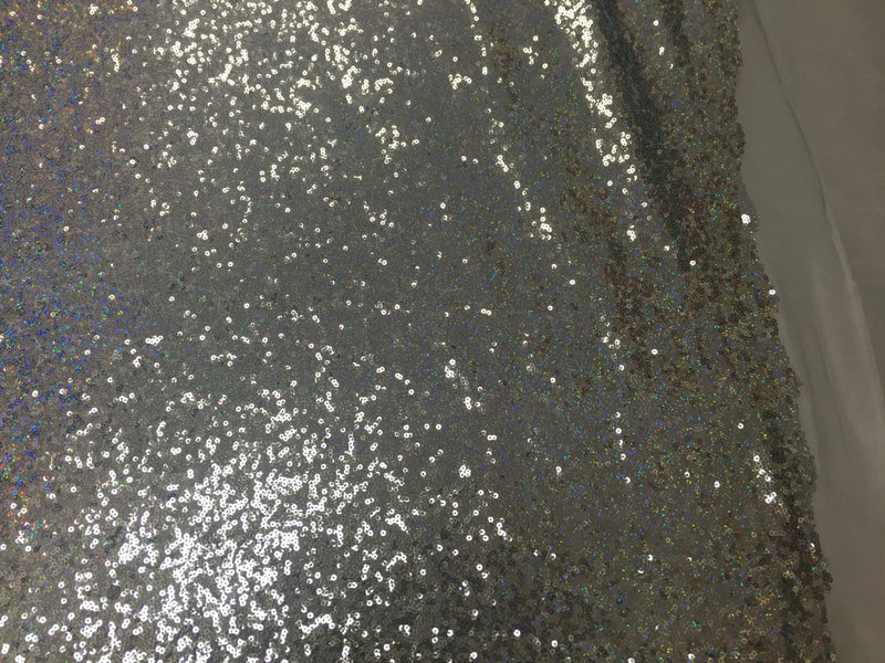 Silver-hologram mermaid fish scales-mini sequins embroider on a 2 way stretch mesh fabric-sold by the yard-