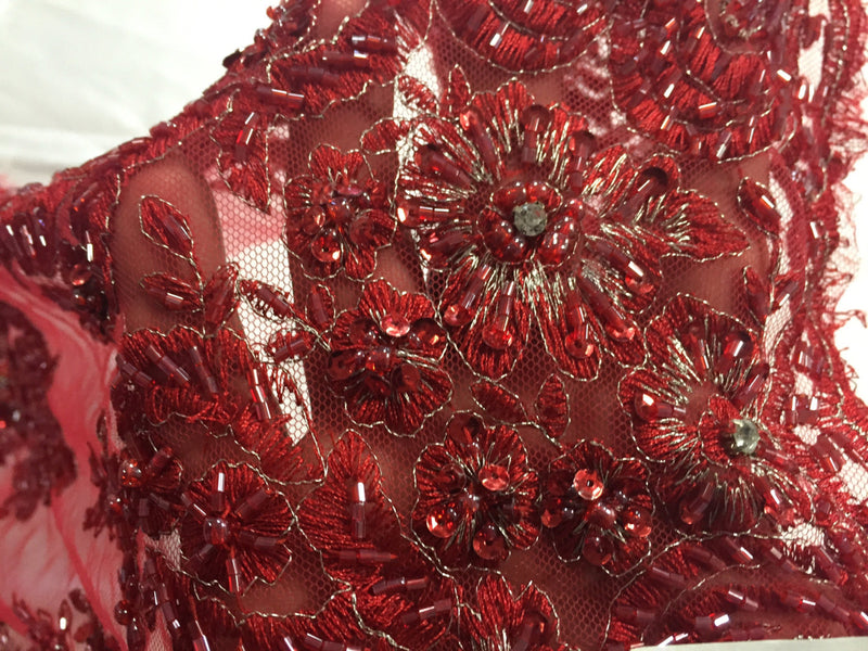 Red flowers embroider and heavy beaded on a mesh lace fabric-sold by the yard-