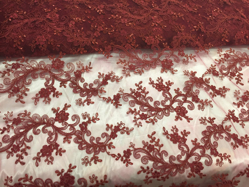 Burgundy corded french design-embroider with sequins on a mesh lace fabric-prom-nightgown-decorations-sold by the yard-