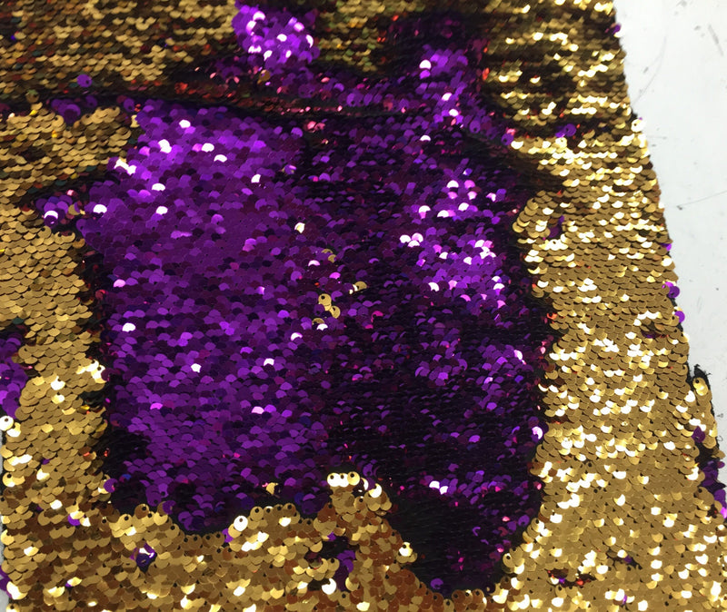 Purple/ gold hologram mermaid fish scales -2way stretch lycra -2 tone flip flop sequins-prom-nightgown-decorations-sold by yard