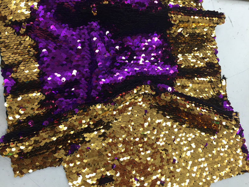 Purple/ gold hologram mermaid fish scales -2way stretch lycra -2 tone flip flop sequins-prom-nightgown-decorations-sold by yard