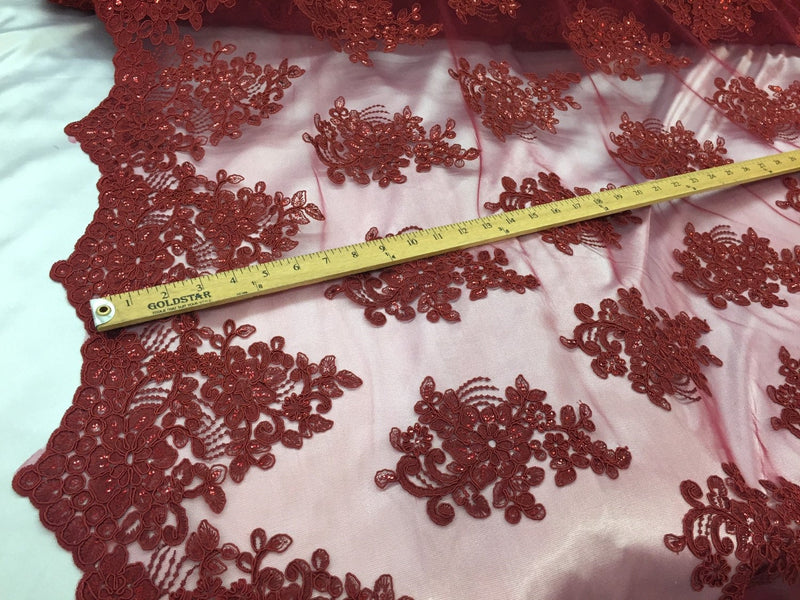 Burgundy flower lace corded and embroider with sequins on a mesh. Wedding/bridal/prom/nightgown fabric-apparel-fashion-Sold by the yard.