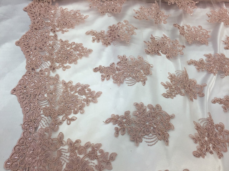 Dusty rose flower lace corded and embroider with sequins on a mesh. Wedding/bridal/prom/nightgown fabric-dresses-fashion-Sold by the yard.