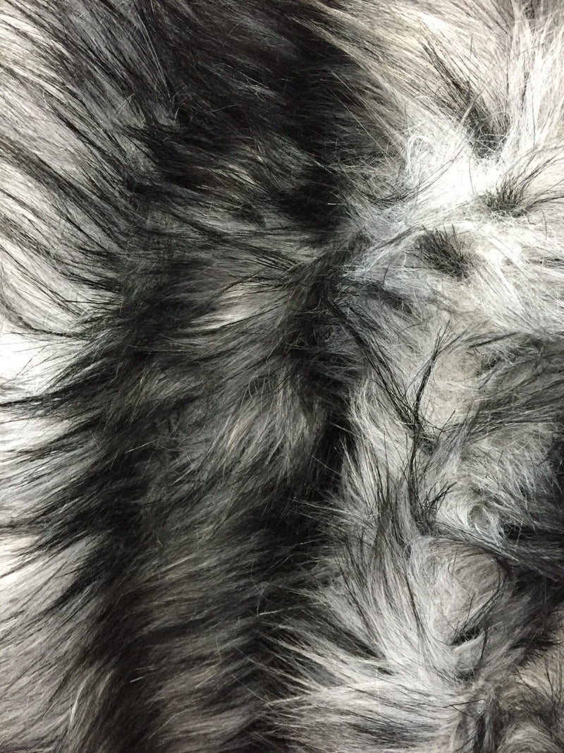 Gray/black husky faux fur, 2 tone shaggy faux fur. Sold by the yard.60" wide.