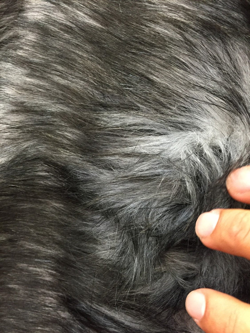 Gray/black husky faux fur, 2 tone shaggy faux fur. Sold by the yard.60" wide.