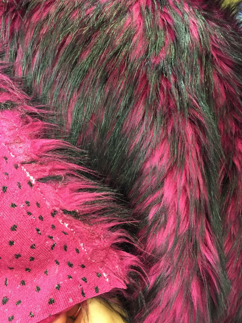 Magenta/black husky faux fur, 2 tone shaggy faux fur. Sold by the yard.60" wide.