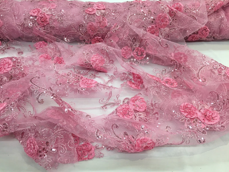 Pink 3d flowers embroider with sequins on a mesh lace fabric. Sold by the yard.