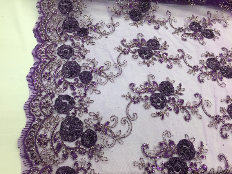 Purple 3d flowers embroider with sequins on a mesh lace fabric. Sold by the yard.