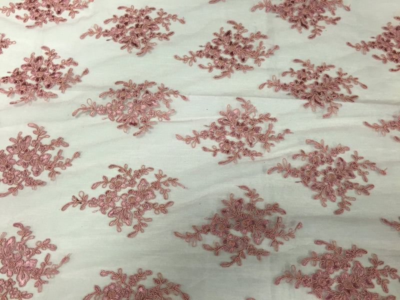 Dusty rose royal flowers embroider with sequins and corded on a mesh lace -yard