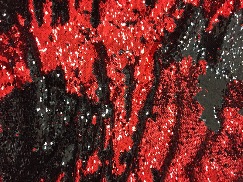 Red/black hologram mermaid fish scales- 2 way stretch lycra- 2 tone flip flop sequins-prom-nightgown-decorations-sold by the yard.