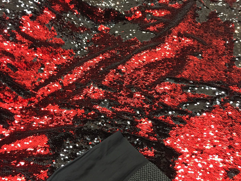 Red/black hologram mermaid fish scales- 2 way stretch lycra- 2 tone flip flop sequins-prom-nightgown-decorations-sold by the yard.