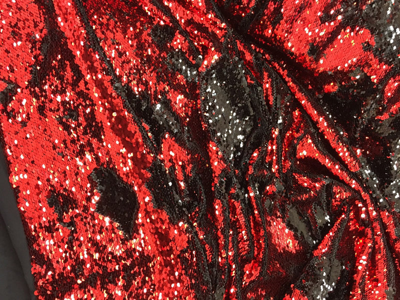 Red/black hologram mermaid fish scales- 2 way stretch lycra- 2 tone flip flop sequins-prom-nightgown-decorations-sold by the yard.