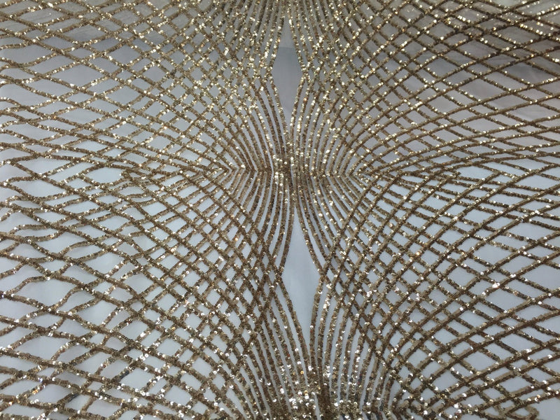 Gold venom diamond web-embroider with sequins on a ivory mesh lace fabric- wedding-bridal-prom-nightgown fabric-dresses-sold by the yard.