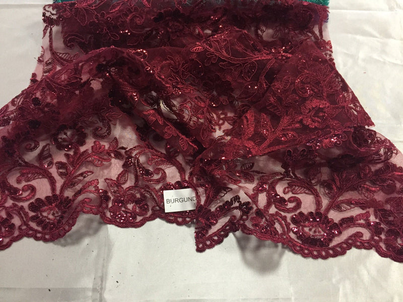 Burgundy corded flowers embroider with sequins on a mesh lace fabric-wedding-bridal-prom-nightgown-dresses-fashion-sold by the yard.