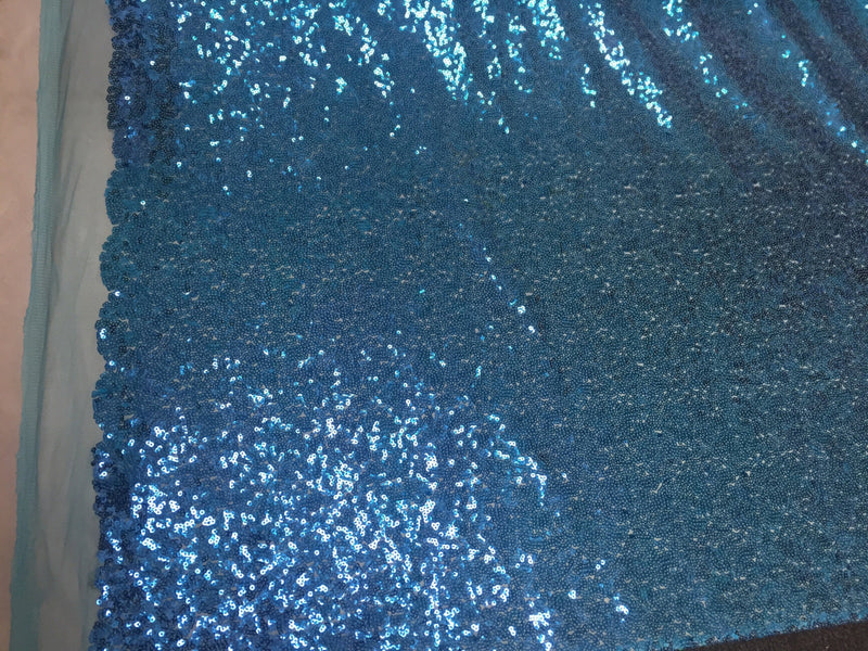 Turquoise mermaid fish scales-mini sequins embroider on a 2 way stretch mesh fabric-sold by the yard-