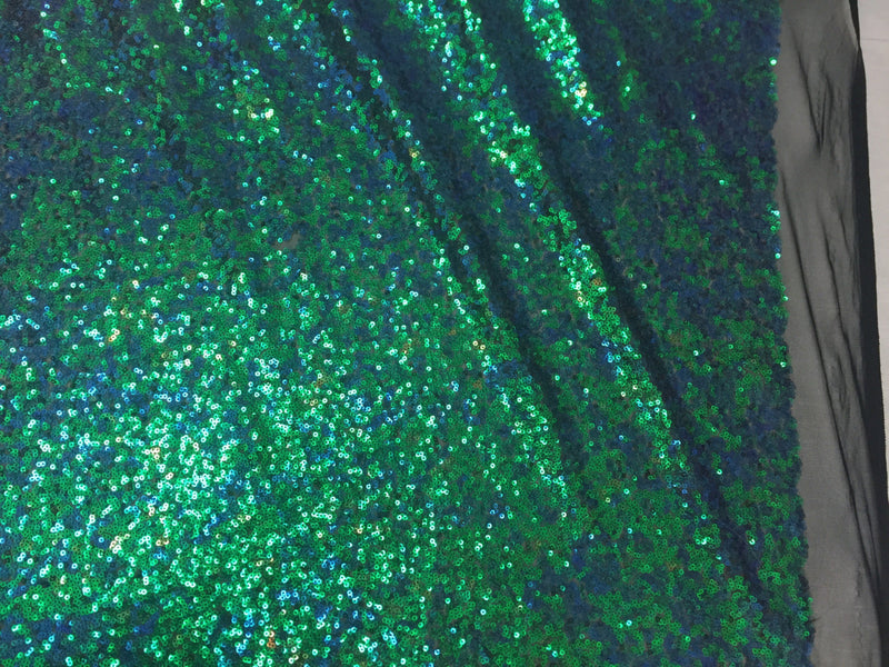 Green/purple iridescent mermaid fish scales-mini sequins embroider on a black mesh fabric-fashion-decorations-dresses-sold by the yard-